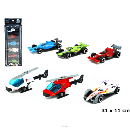 AUTA WYŚCIGÓWKI + HELIKOPTERY 6 SZT 31X11 CM 2402
