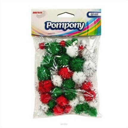 POMPONY METALIOZWANE BIAŁE CZERW ZIEL 40 SZT 4677