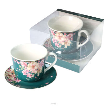 FILIŻANKA ZE SPODKIEM ZIELONA W KWIATY 400 ML 7669